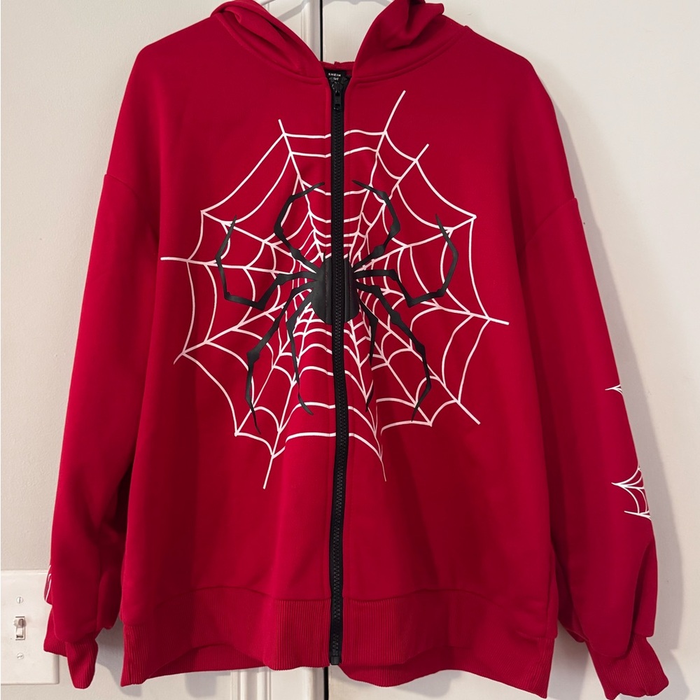 SHEIN Red Hoodie with Spider Web Design